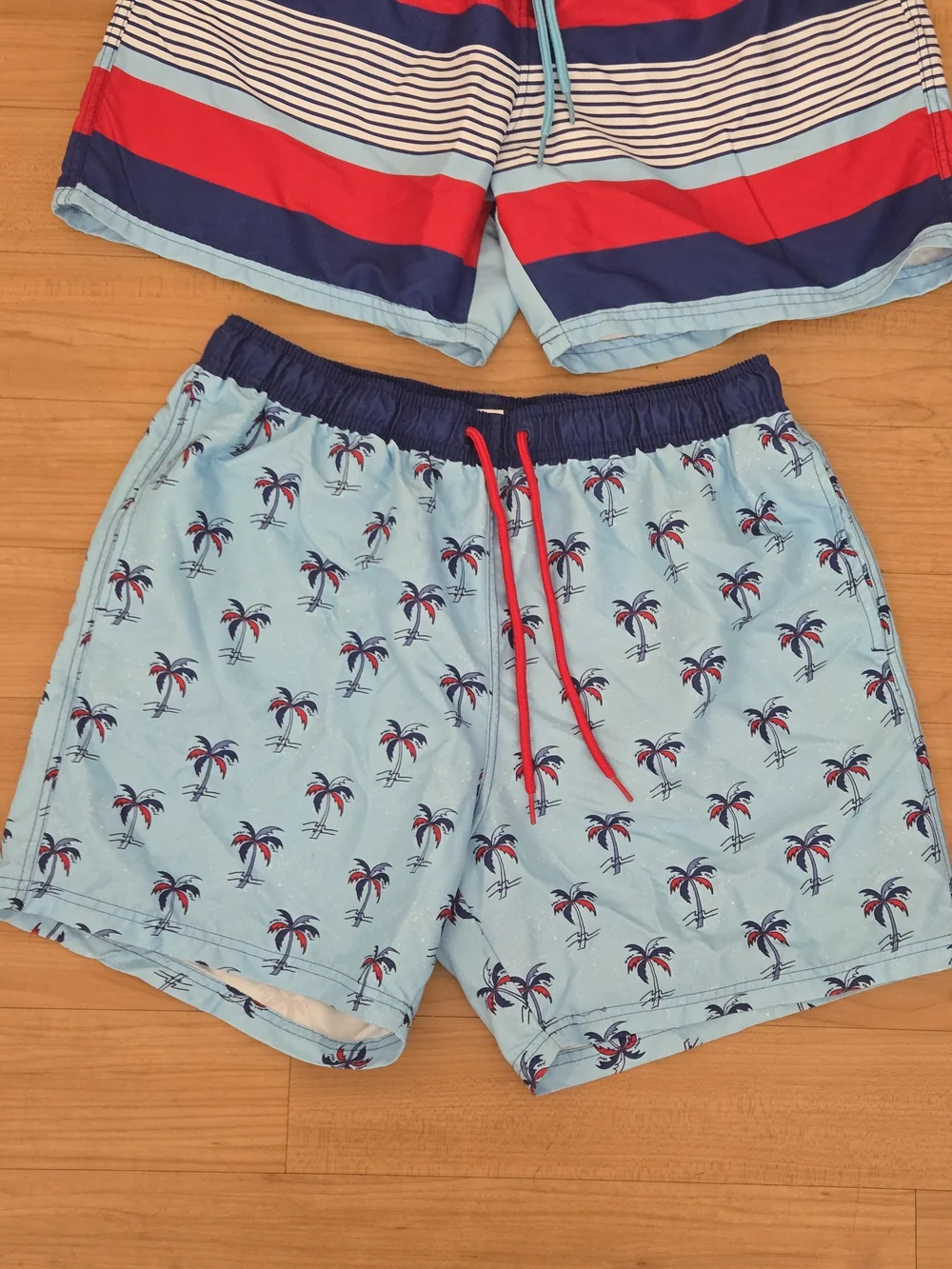2 Pairs Boys Large Light Blue Palm Print Swim Shorts with Navy & Red Accents